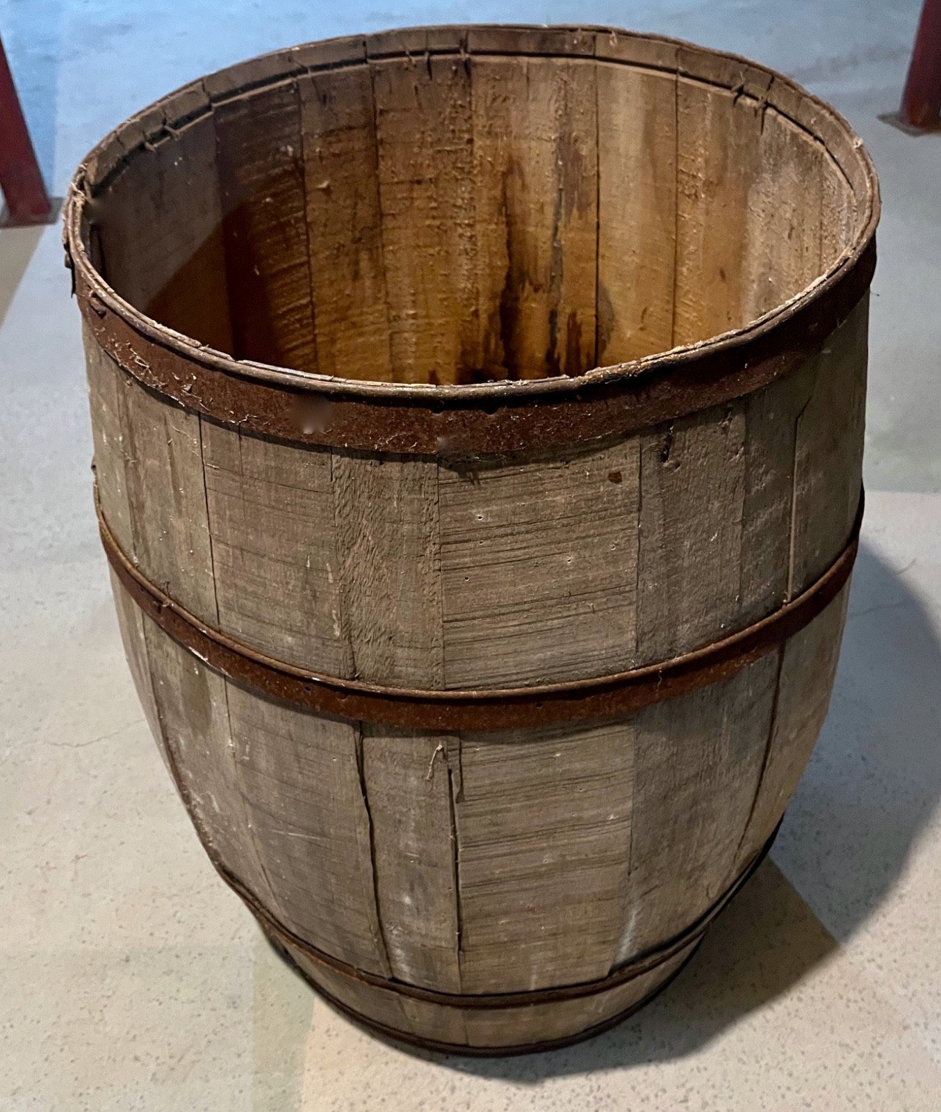 Antique Oak Barrel Weathered Staves Forged Iron Bands Farmhouse Primitive