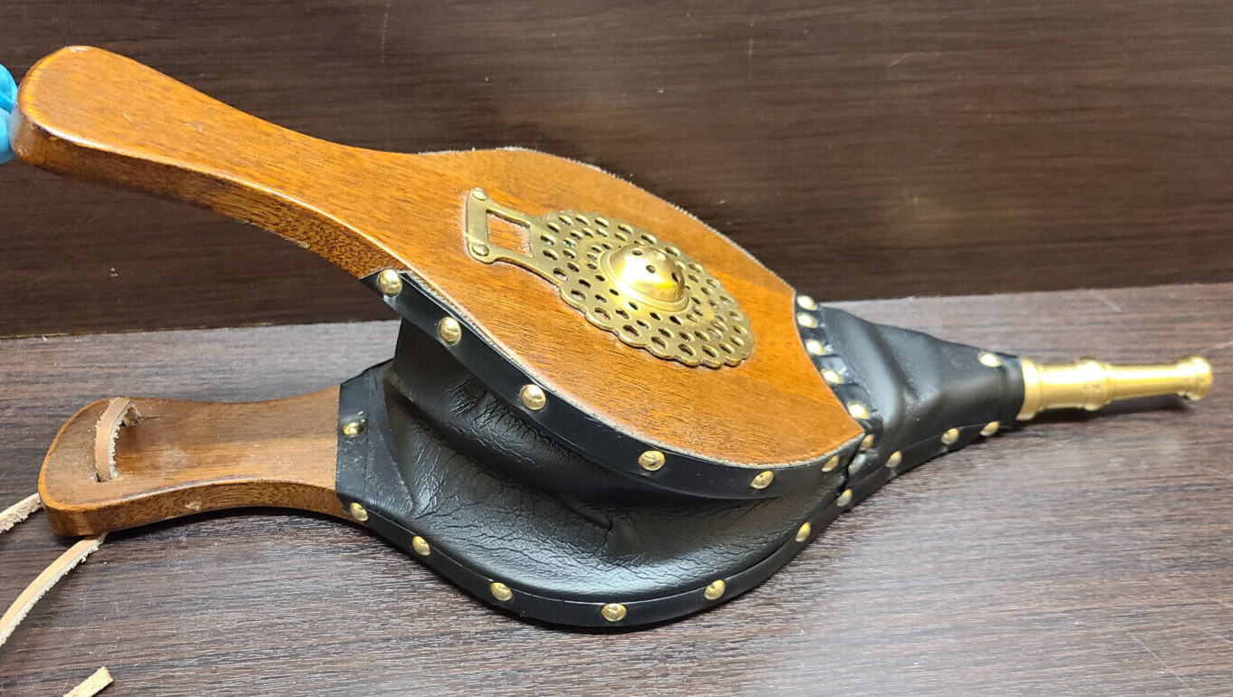 Wooden Fire Blower, Fire Pit Item, Leather Bellow & Copper Rivets, Mantle Decor
