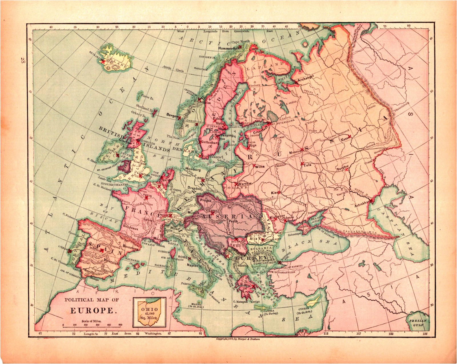 1875 Europe Political Map–Harper School Geography–Original Lithograph