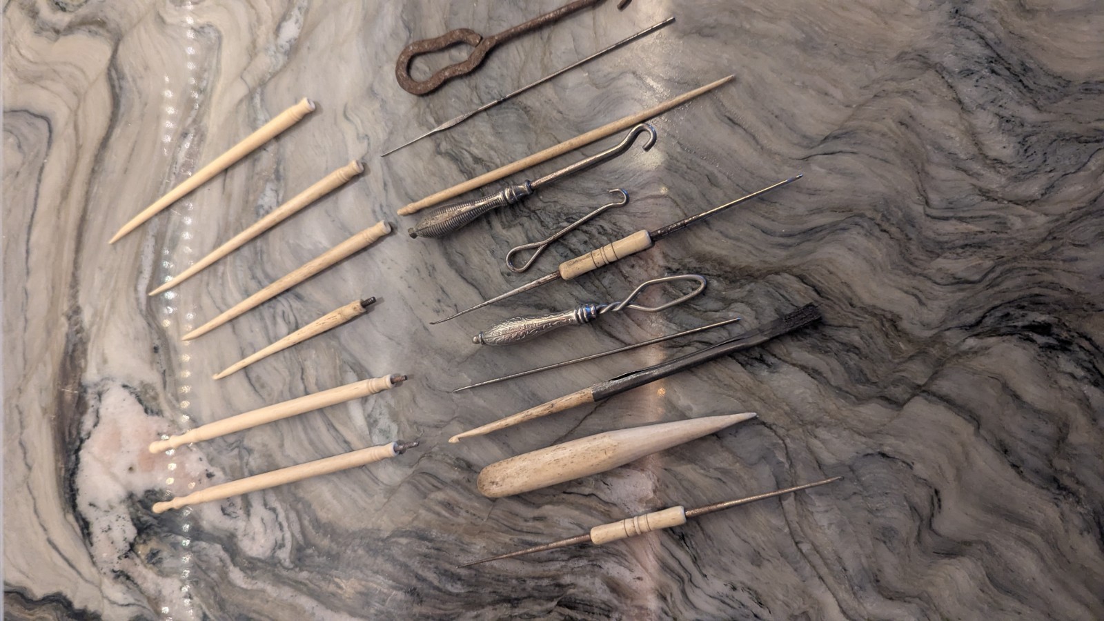 Antique Victorian Bone & Sterling Crochet Hook Sewing Tool Lot 19 Pc 1867 Pat.