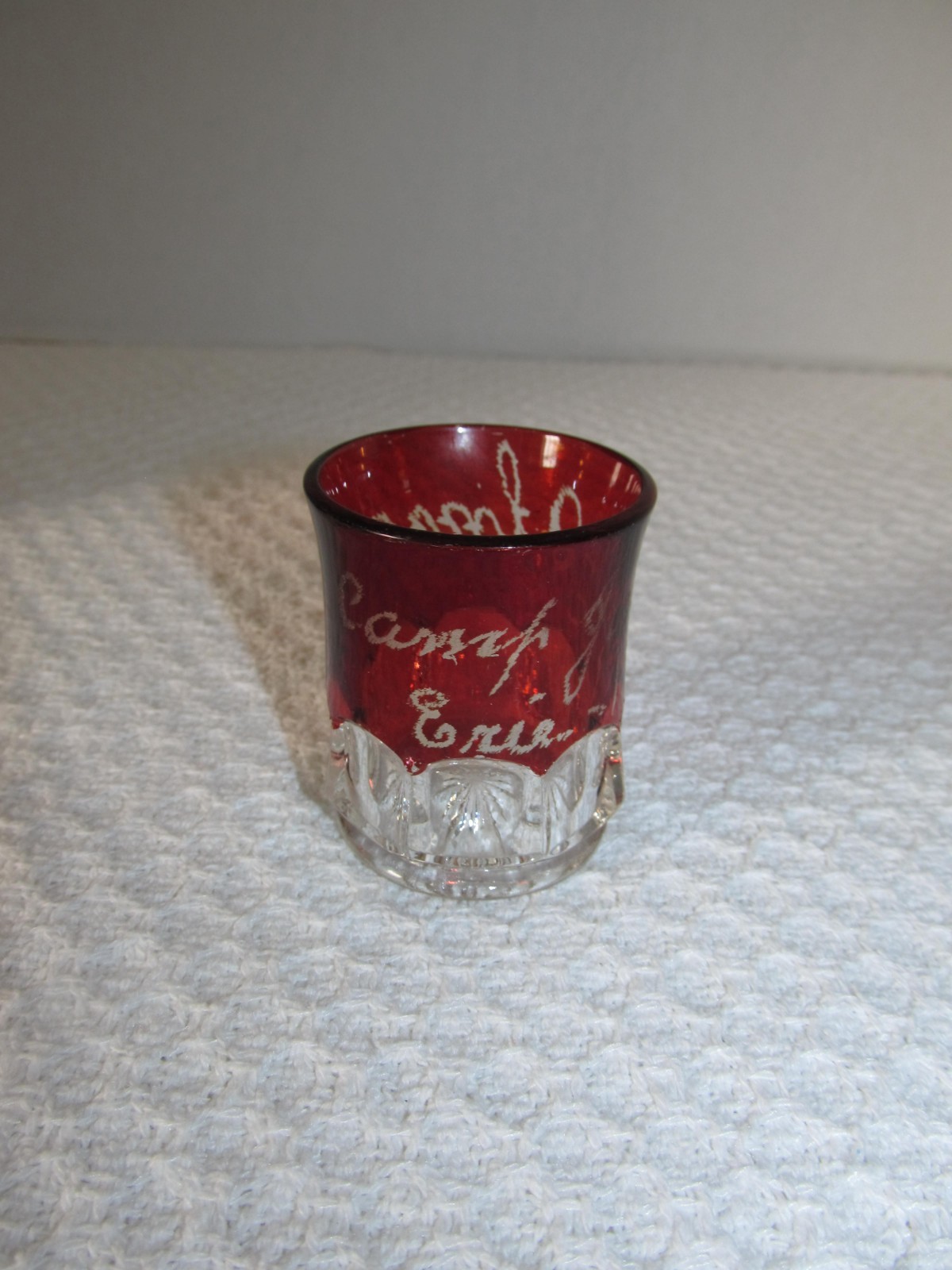 Antique Etched Jones Irma Ruby Flash Erie 1905 Souvenir Fair Red Shot Glass