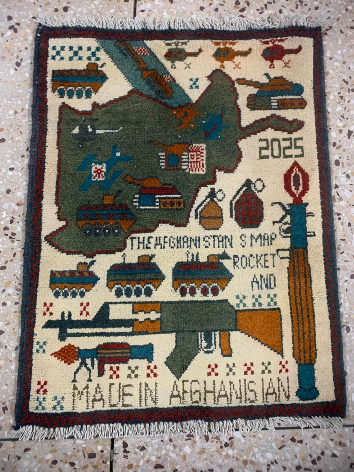 Taliban war rugs, tora boora hills, war map, road to Russia, tanks, AK47, peace