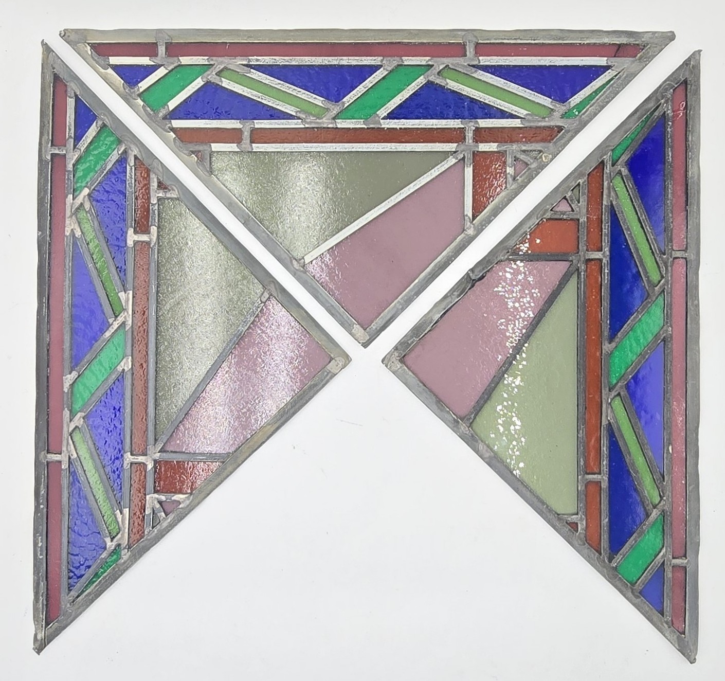 Antique Stained Glass Triangle Windows Set of 3 Geometric Architectural Salvage