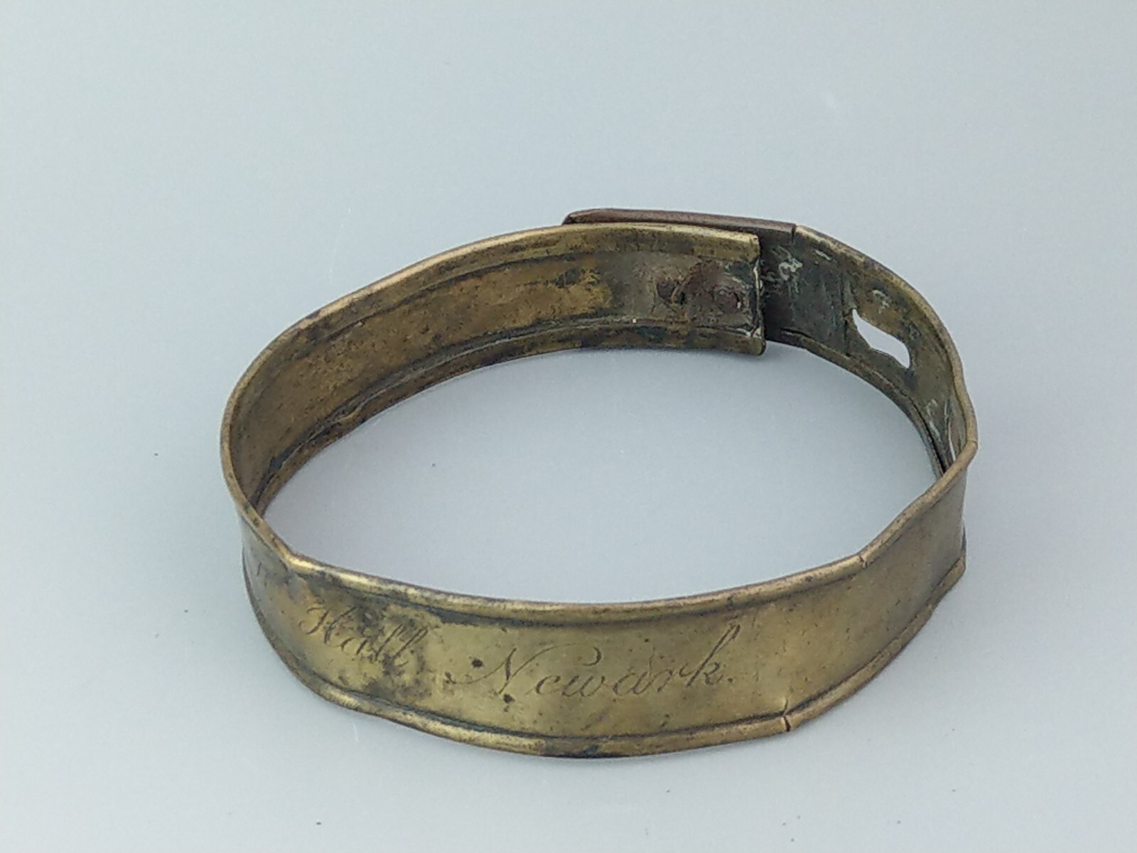 Early English sheet brass dog collar, 18th century, engraved H. Hall Newark