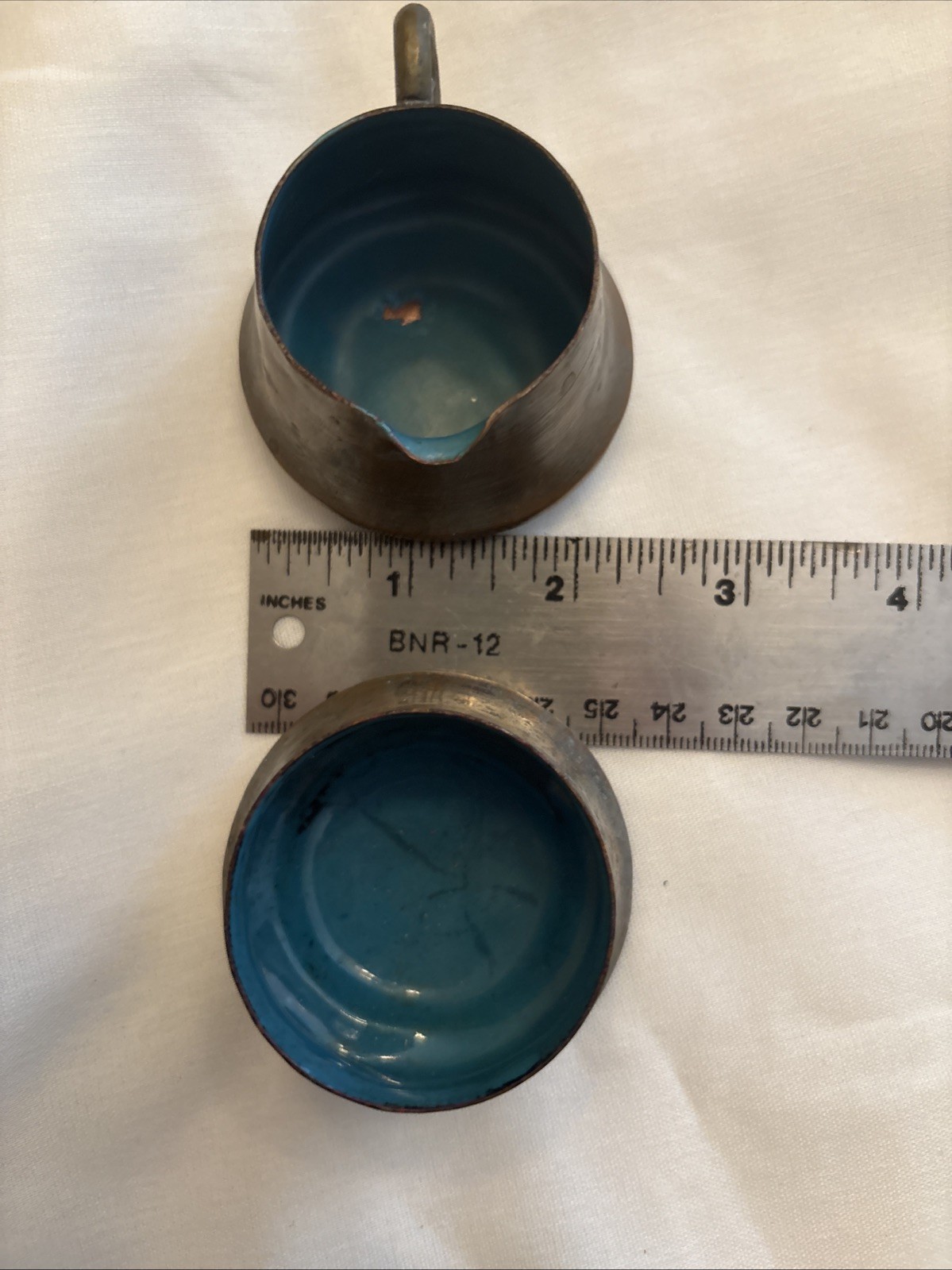 Chinese Hammered Stacking Silver Tone Cream & Sugar w/ Blue Enamel Interior