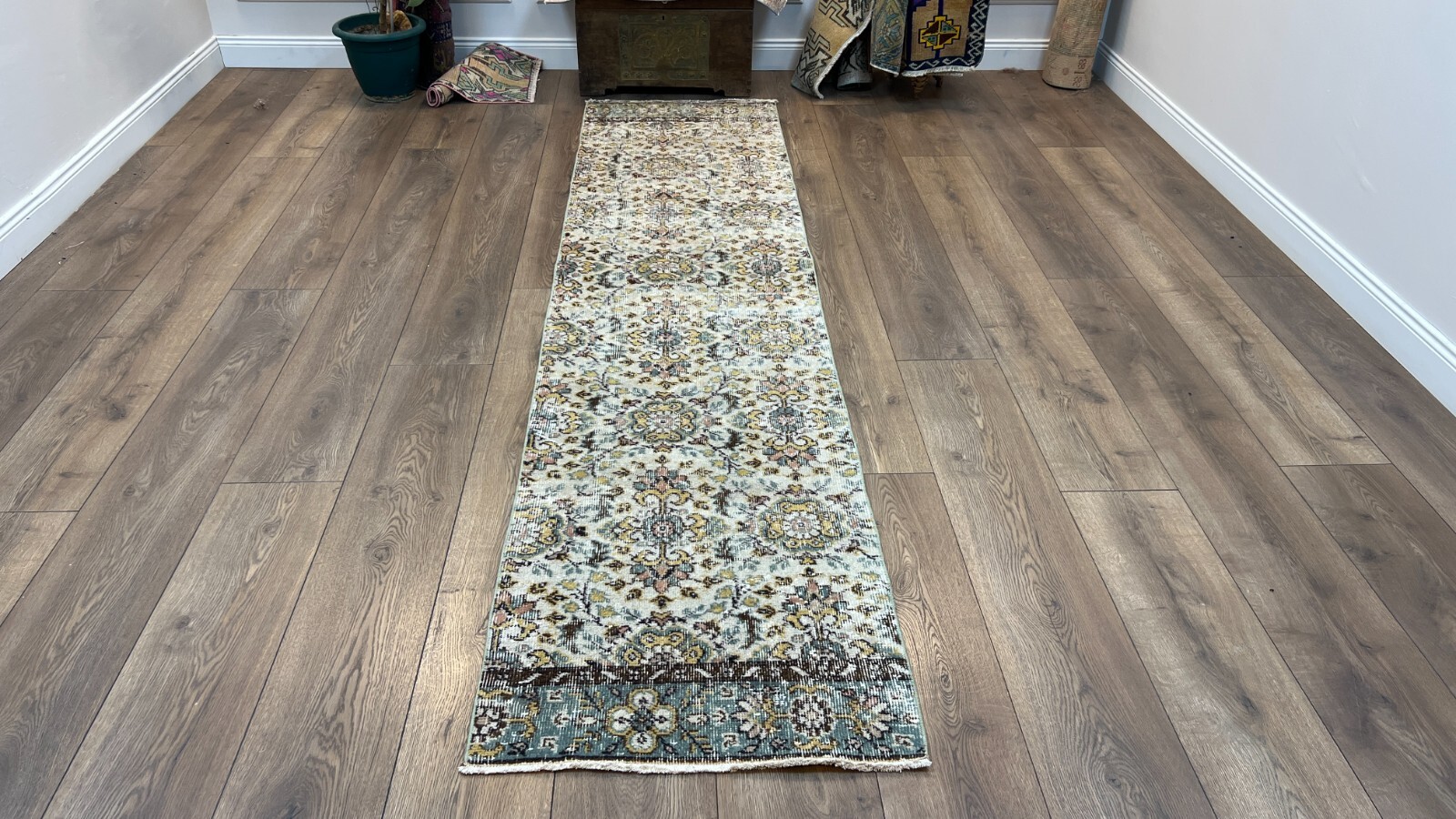 Beige Runer Rug, Turkish Runner Rug, Vintage Runner Rug, Wool Rug 2.4 x 9.9 Ft