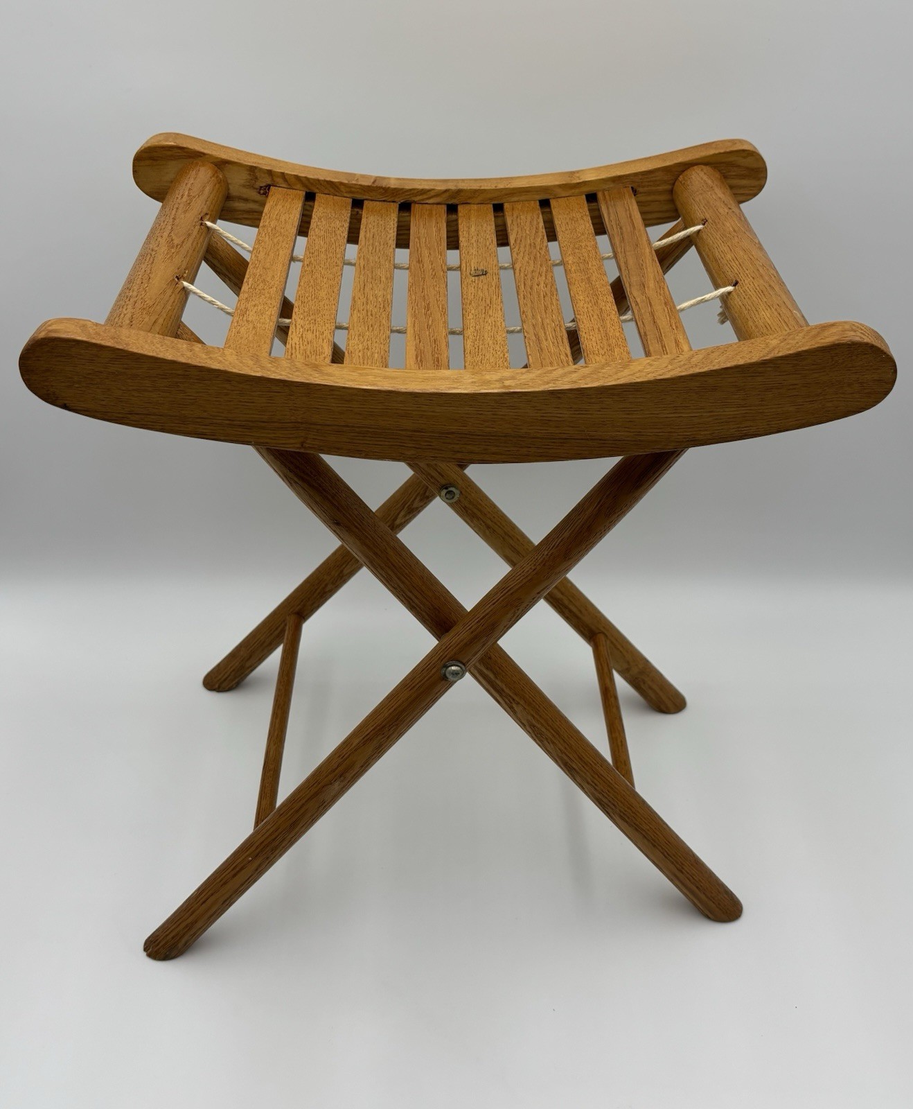 Vtg Nevco Shanghai Furniture Oak Folding Stool Chinese Export 1960s 15″