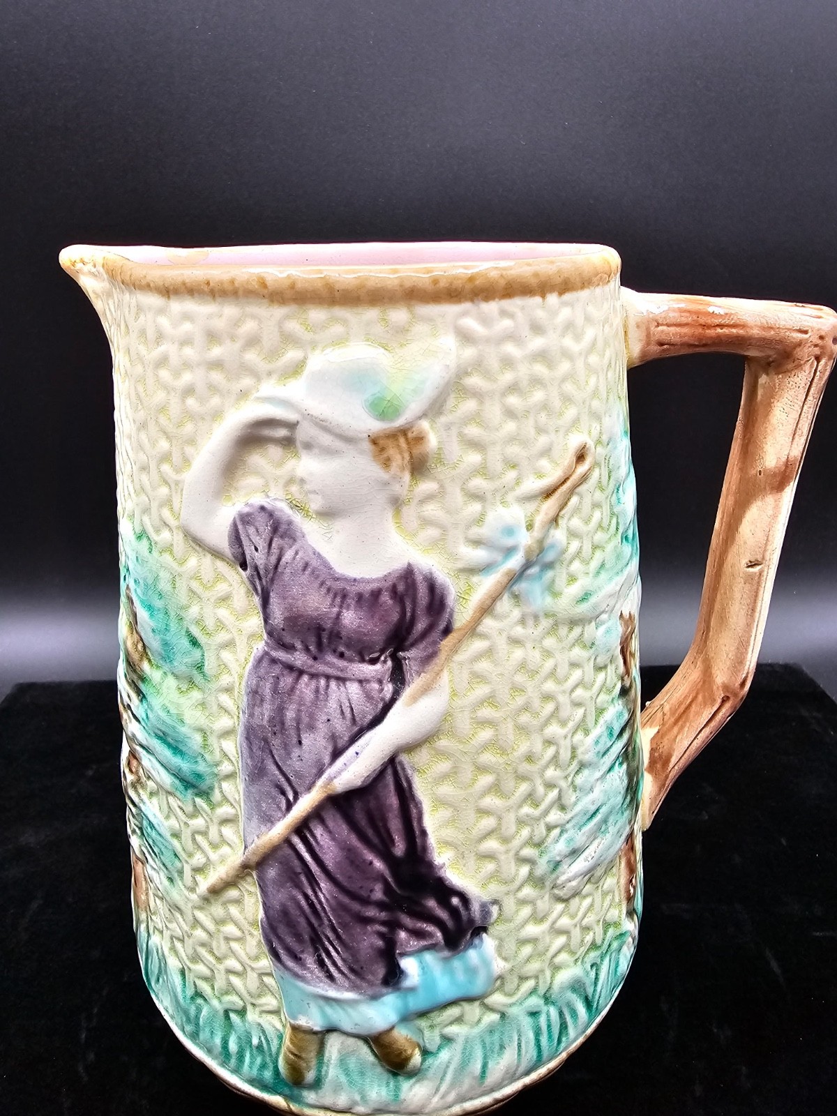 Rare Antique Figural Majolica Pitcher Pastoral Women Relief Jug Fielding Inspire