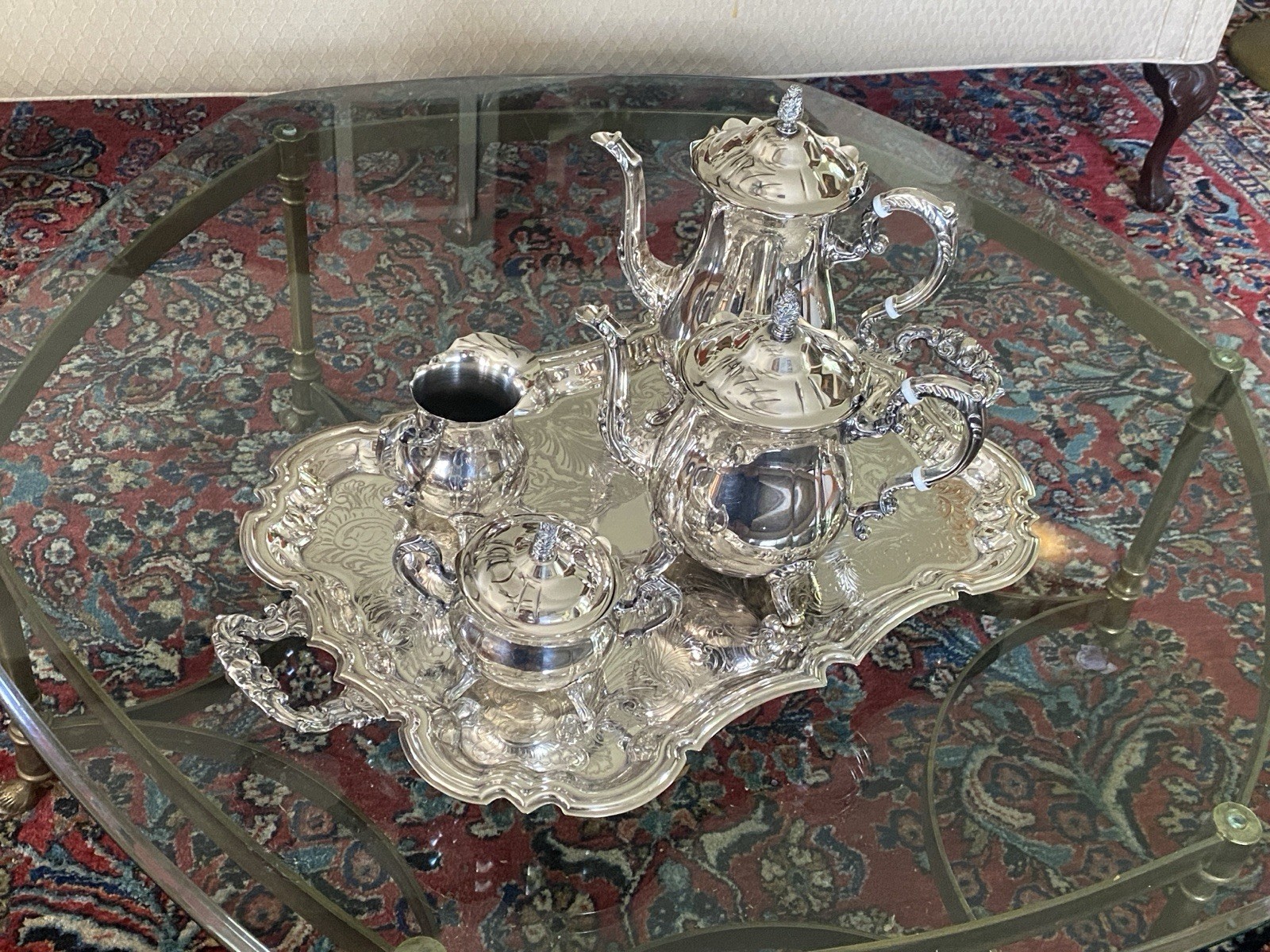 Vtg Leonard 5 Piece Coffee and Tea Service Set Silver Plate With Sheridan Tray