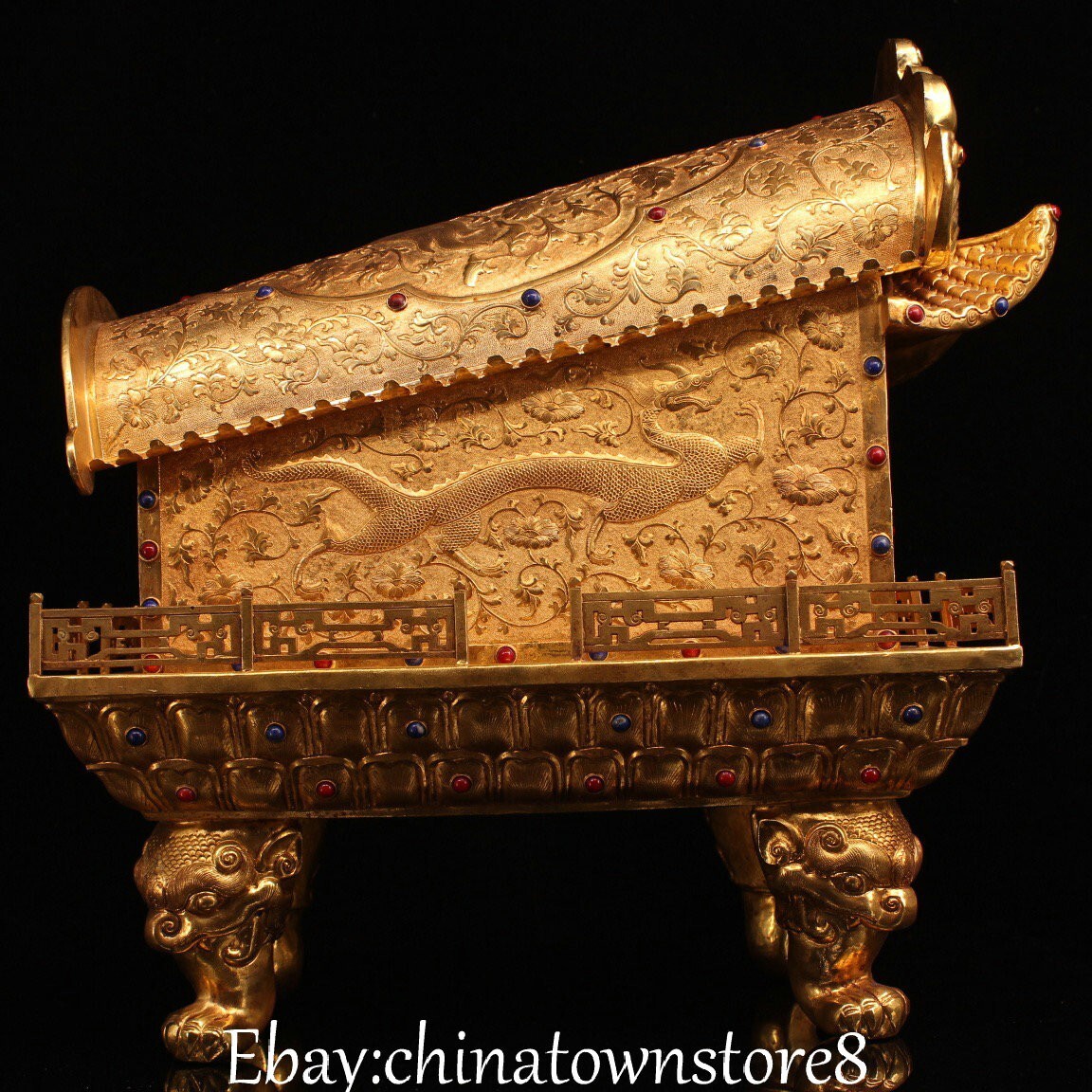 Old Dynasty Pure Bronze Gilt Dragon Loong Turtle Buddha Bone Sarira Coffin