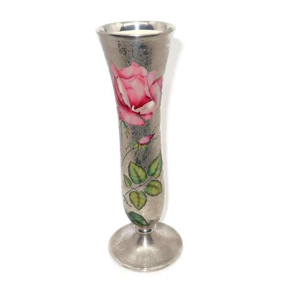 Rosenthal Germany 1941, Floral 1000 Sterling Silver & Porcelain Vase, 11 5/8″