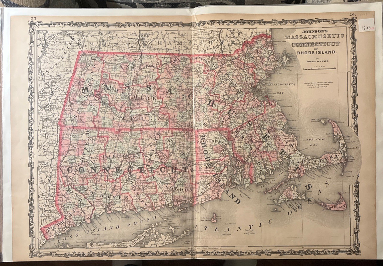 Johnson and Ward Massachusetts Connecticut and Rhode Island Map / 1860s /26 x 18