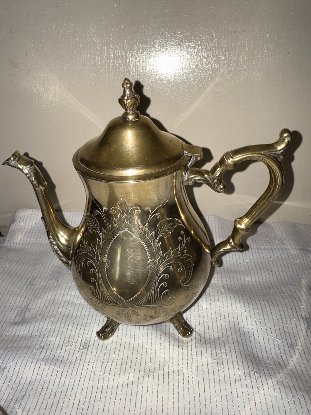 Antique SILVER PLATE ETCHED BRASS 4pc Tea Set – Teapot Coffee Pot Sugar Creamer