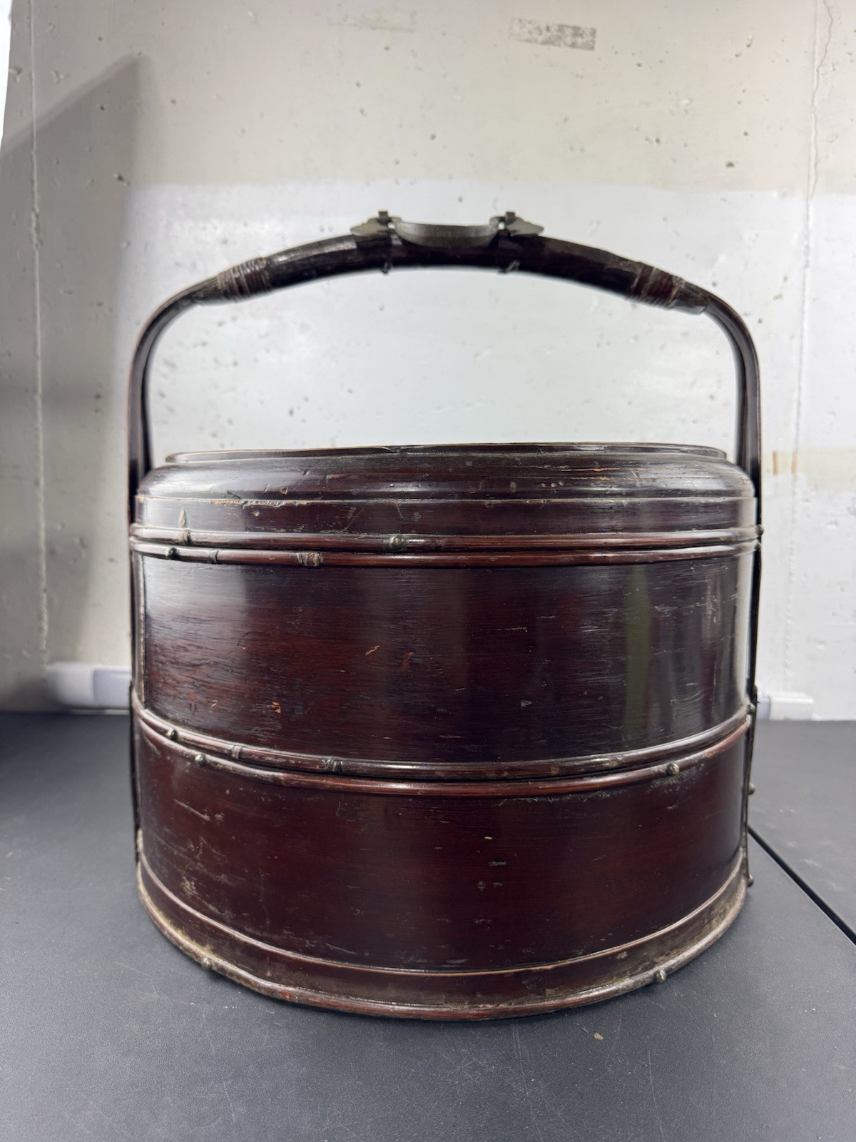 Vintage Chinese 2 Tiered Wedding Basket Handled Woven Wicker & Bamboo