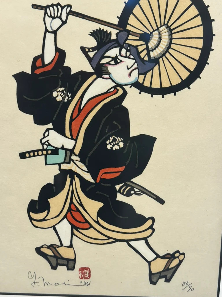 Vintage Japanese Kappazuri Stencil Print Yoshitoshi Mori Kabuki Figure 1984 Edit