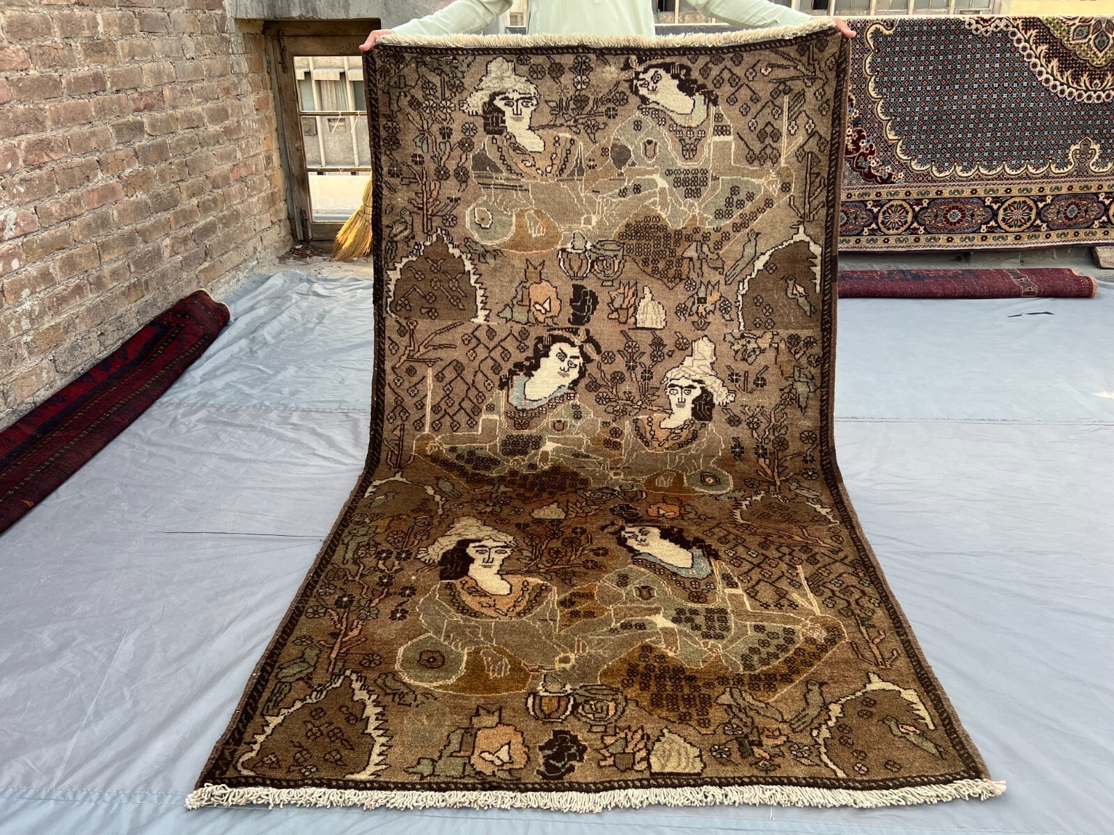 Antique Pictorial Rug 4×6.7 ft – Terracotta Afghan Hand Knotted Wool Art Carpet