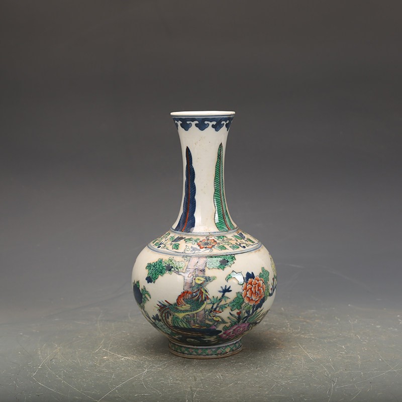 Chinese Qing Kangxi Blue and White Doucai Porcelain Peony Bird Design Vase 9.45″