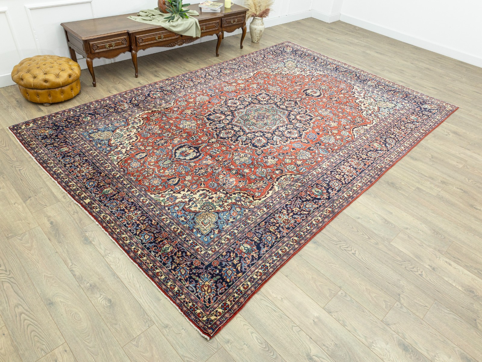 Oversize Oriental Wool Rug 8.6×13.2 ft – Rust Red Navy – Antique Home Decor