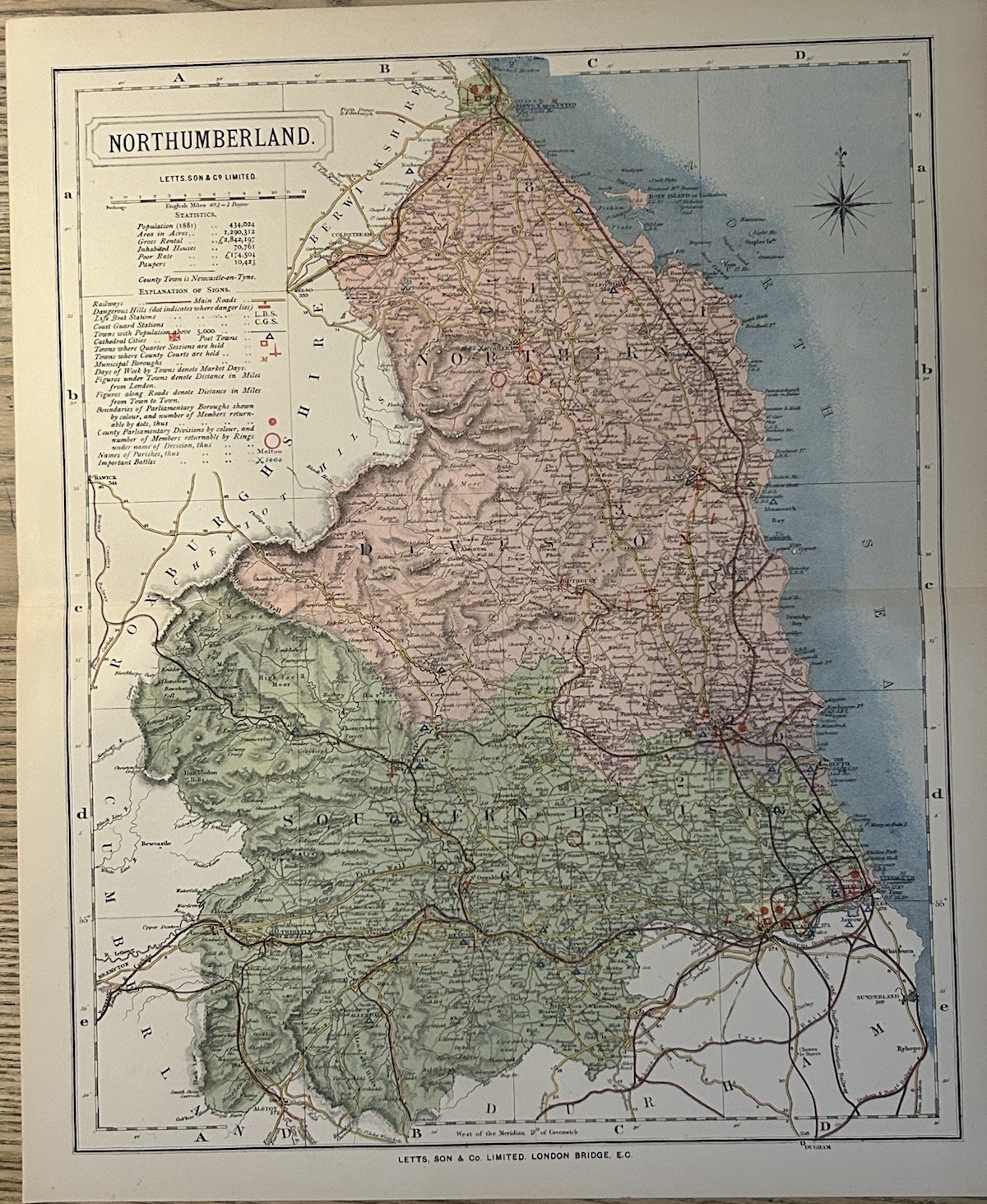1884 Northumberland Original Antique County Map by Letts