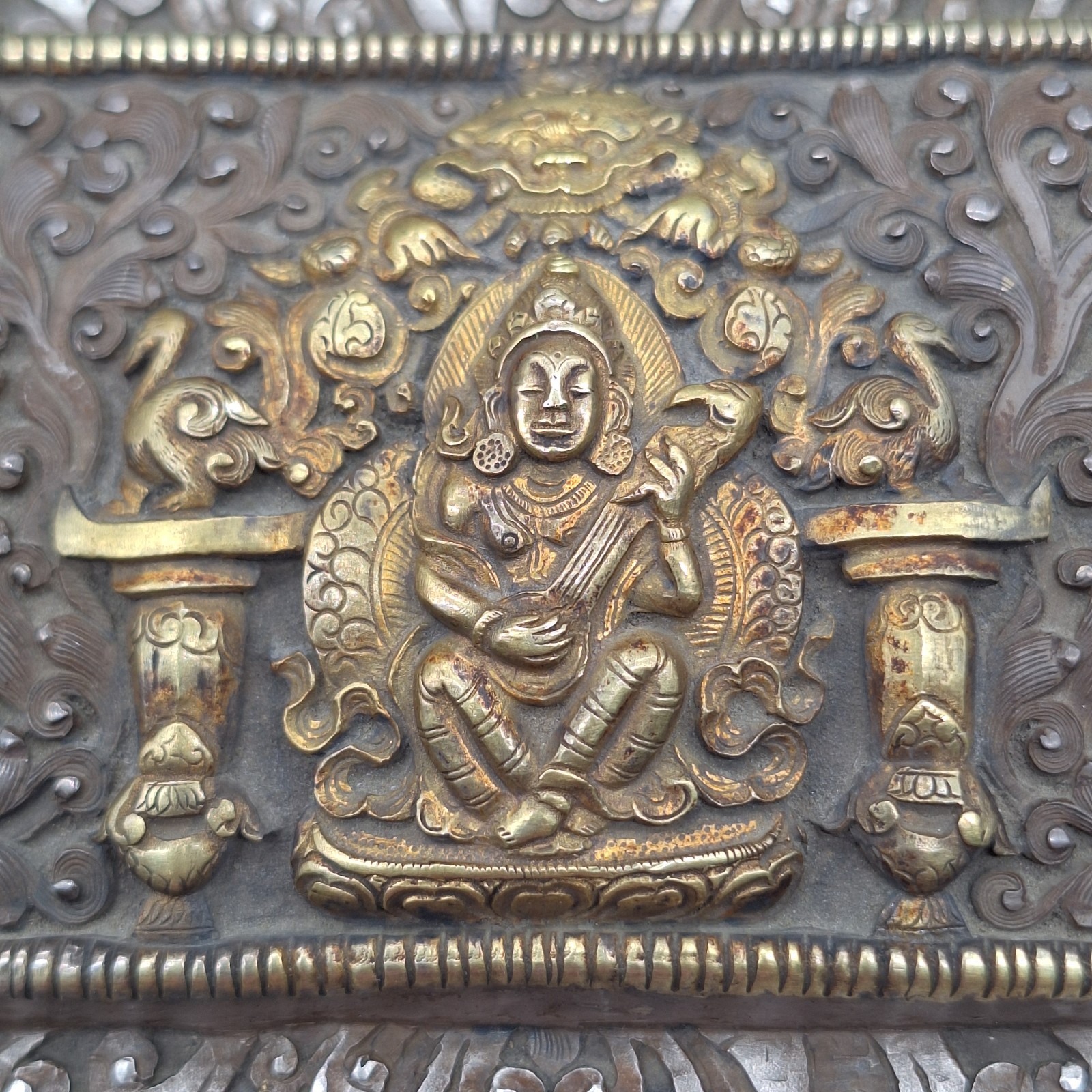 Antique Tibetan Buddhist Scripture Book Cover – Gilded Silver Clad Wood – Sealed