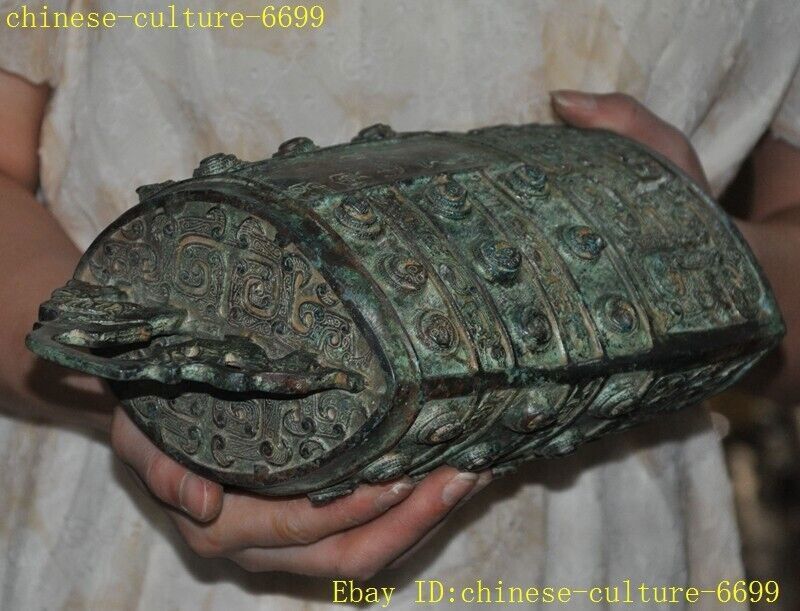 11.2″ China temple bronze ware inscriptions statue Bell Chung chimes clock