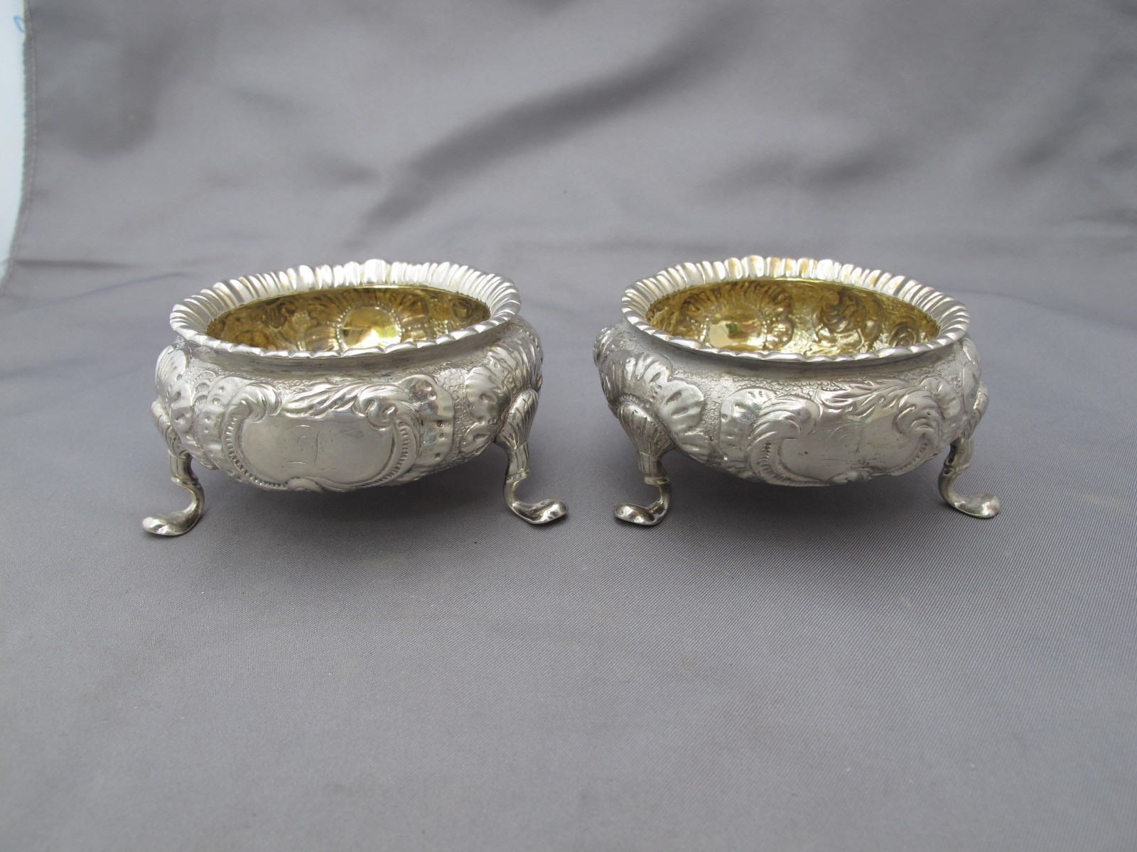 PAIR Antique BOSTON PURE COIN Silver MASTER SALT CELLARS-Repousse Floral-NR