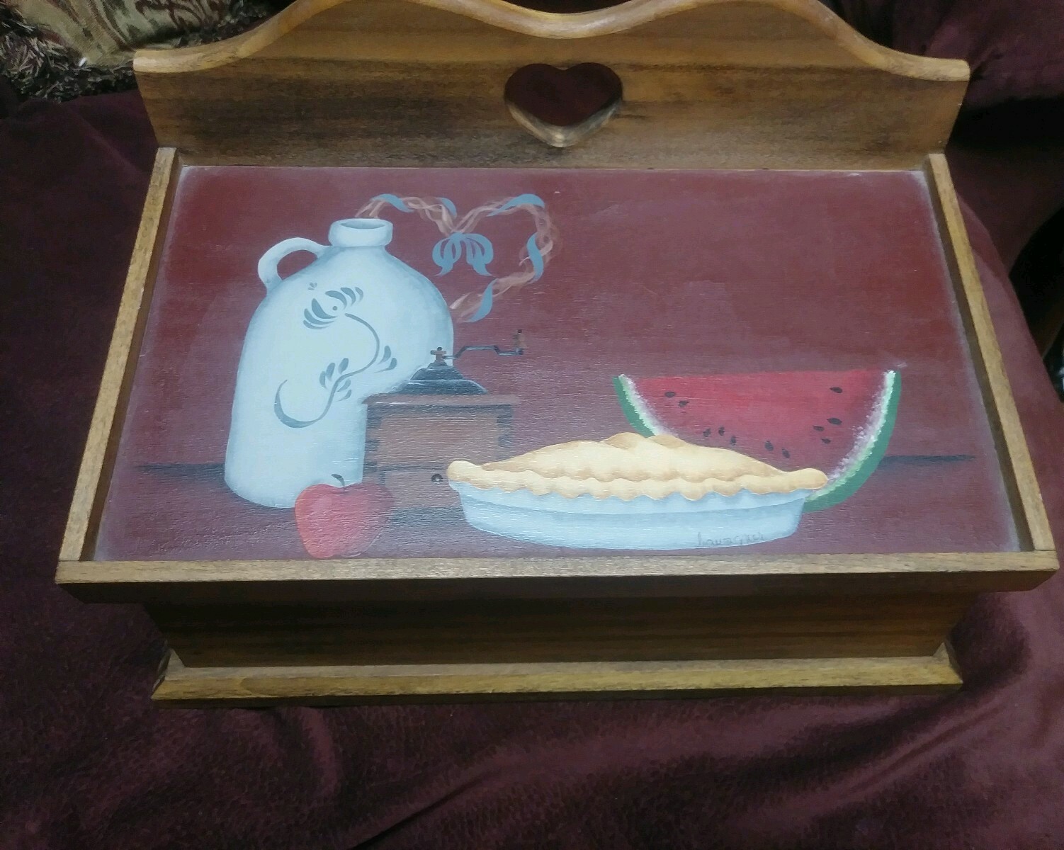 Folk Art Primitive Painting Hinged Box Vintage Signed Still Life Treen Theorem