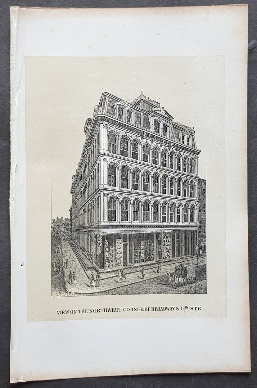1869 D T Valentine Antique Print View Corner of Broadway & 11th St New York City