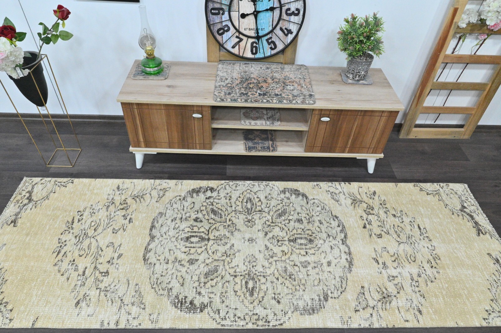 Vintage Turkish Runner Rug 3x8ft BEIGE Handmade Anatolian Oushak Hallway Wool