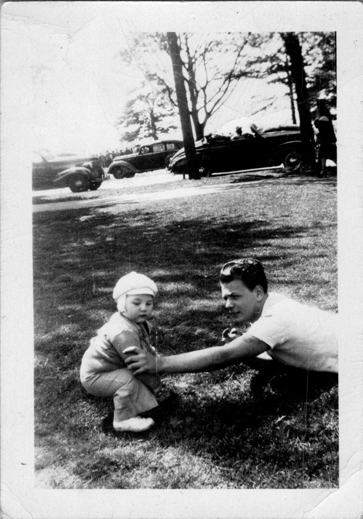 Vintage 1930s-40s Black & White Photo Man Baby Classic Cars Park Scene Original
