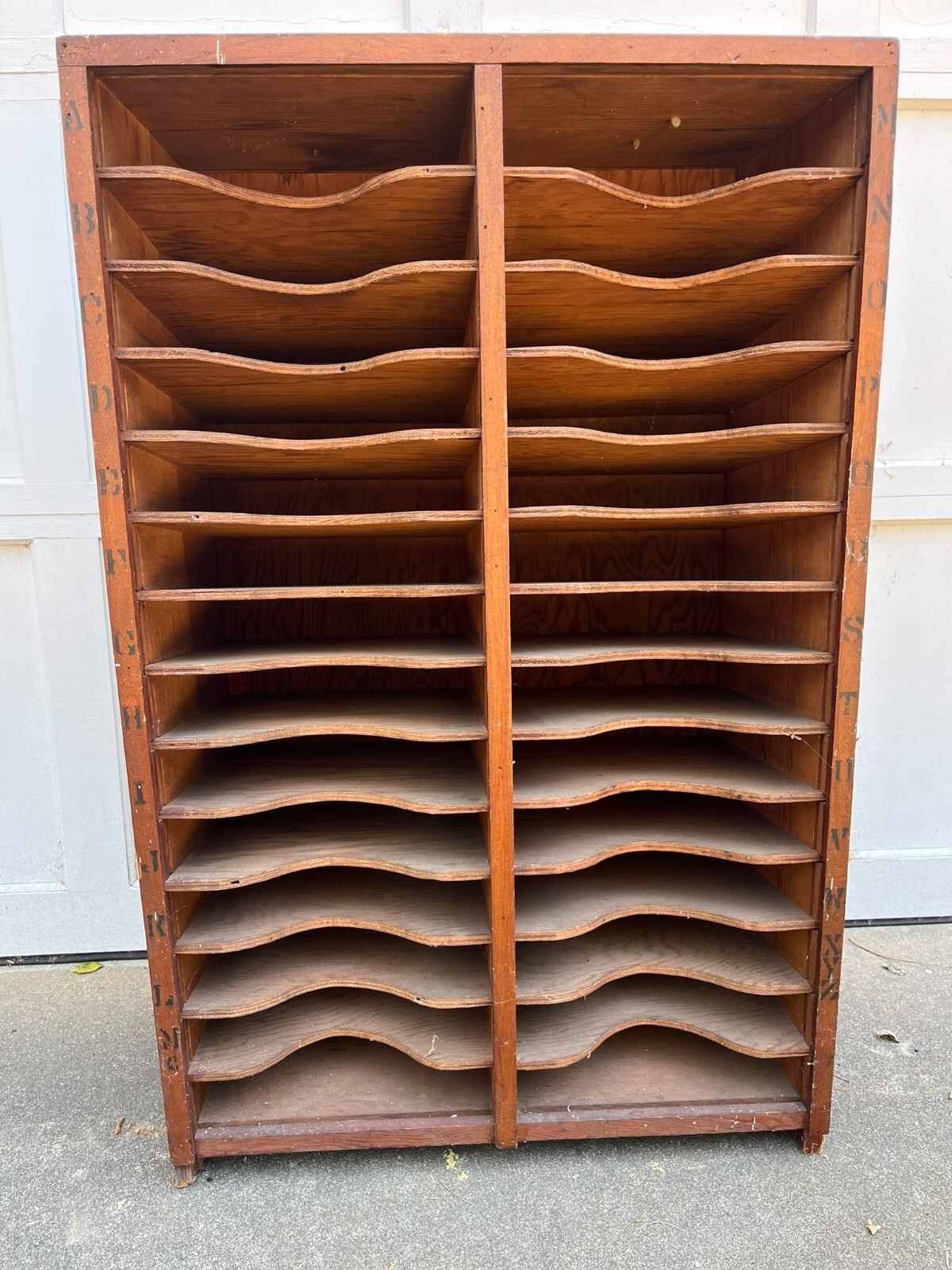 Antique Pine File Sorter with Marked Slots for ‘A’ through ‘Z’ (28 slots)