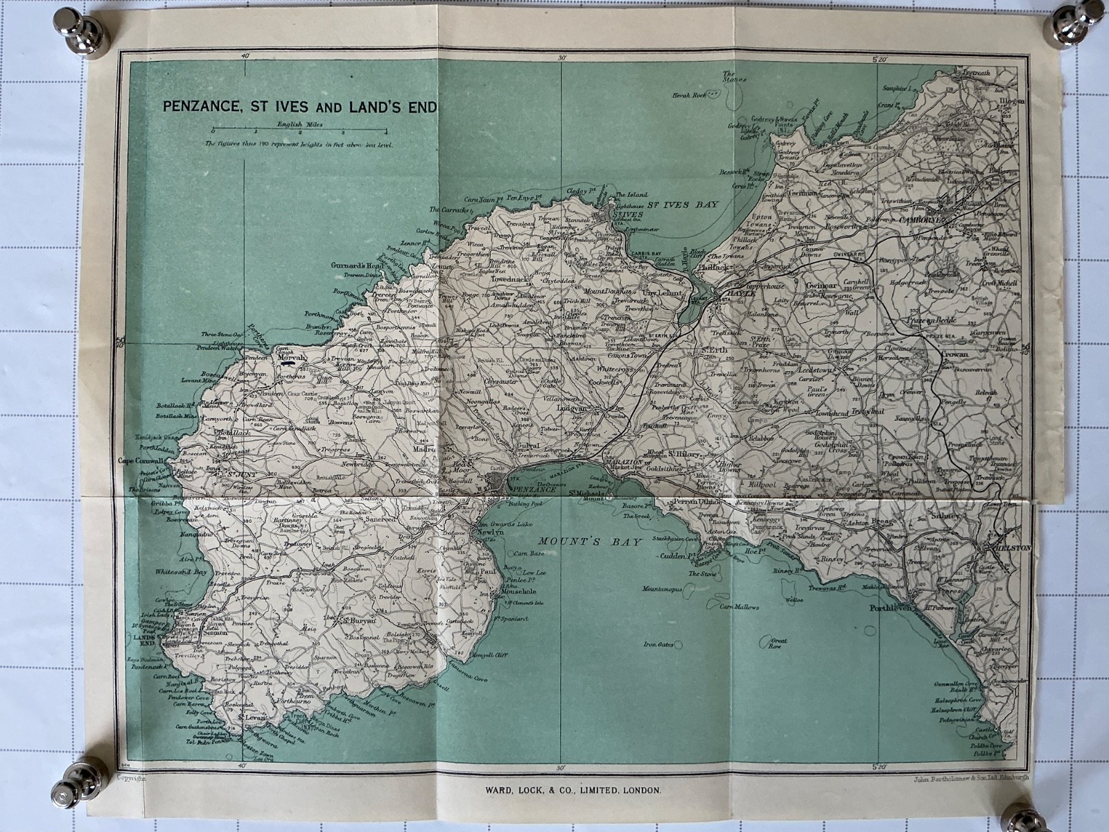 1950 Vintage County Map PENZANCE – LANDS END – ST IVES Cornwall Devon