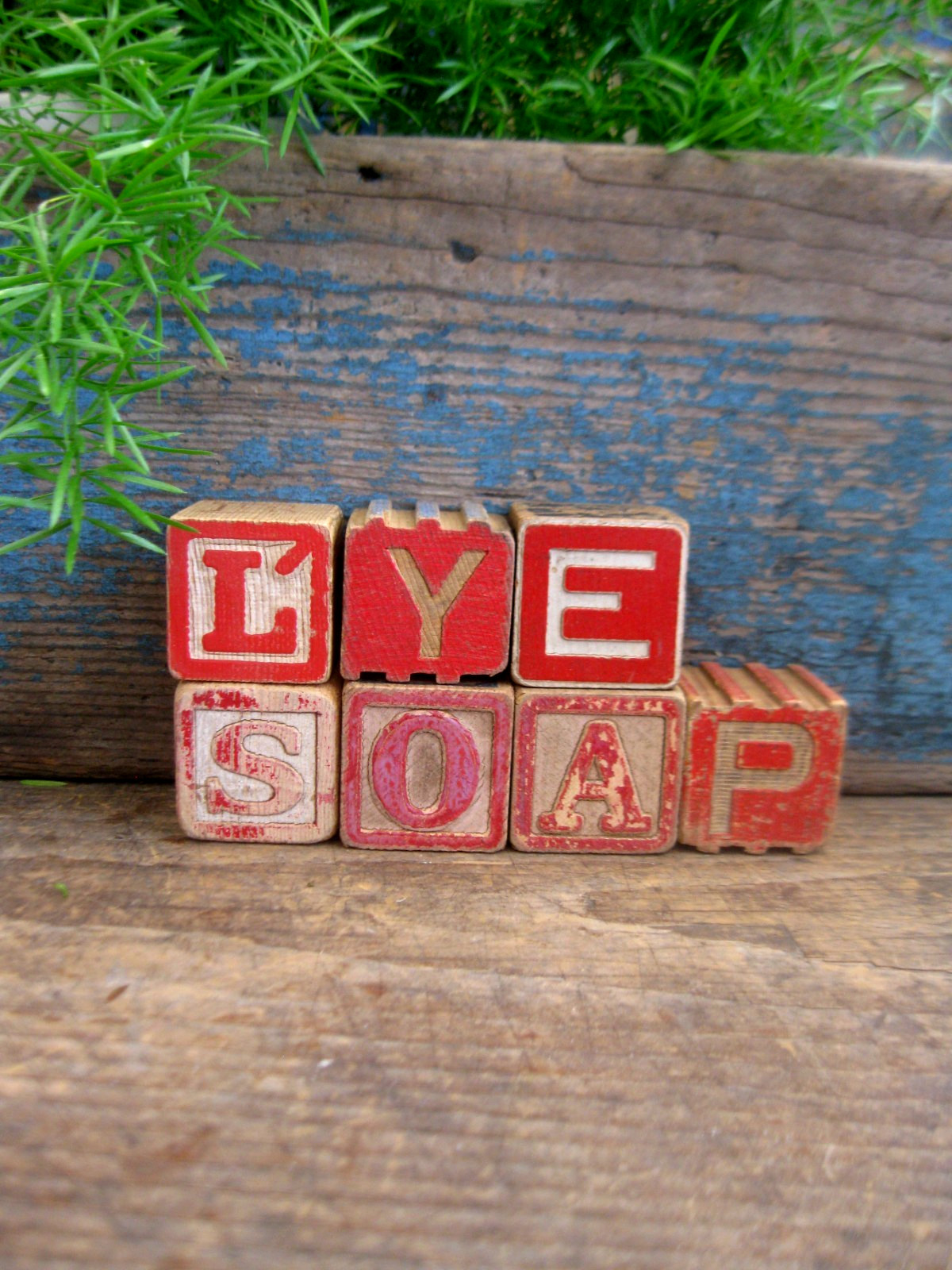 Antique Wood Alphabet ABC Blocks Original Red Paint Spell LYE SOAP