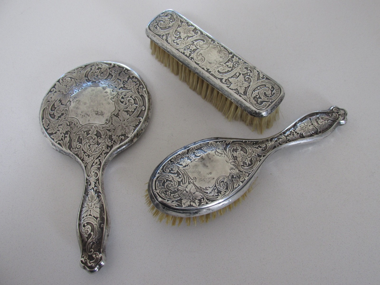 Antique Webster Co. Sterling Silver Vanity Set (Mirror, Brush, Clothes Brush)