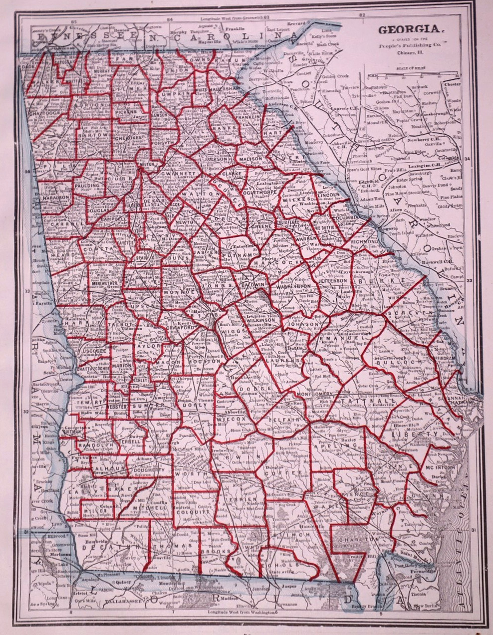Antique 1891 Map ~ The State of Georgia – 11×14