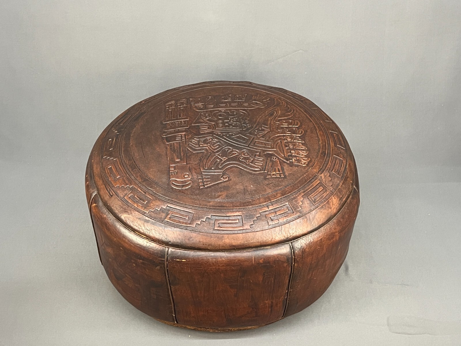 Vtg Brown Tooled Leather Peruvian 20″ Ottoman Hassock with Handle; 1940’s-50’s