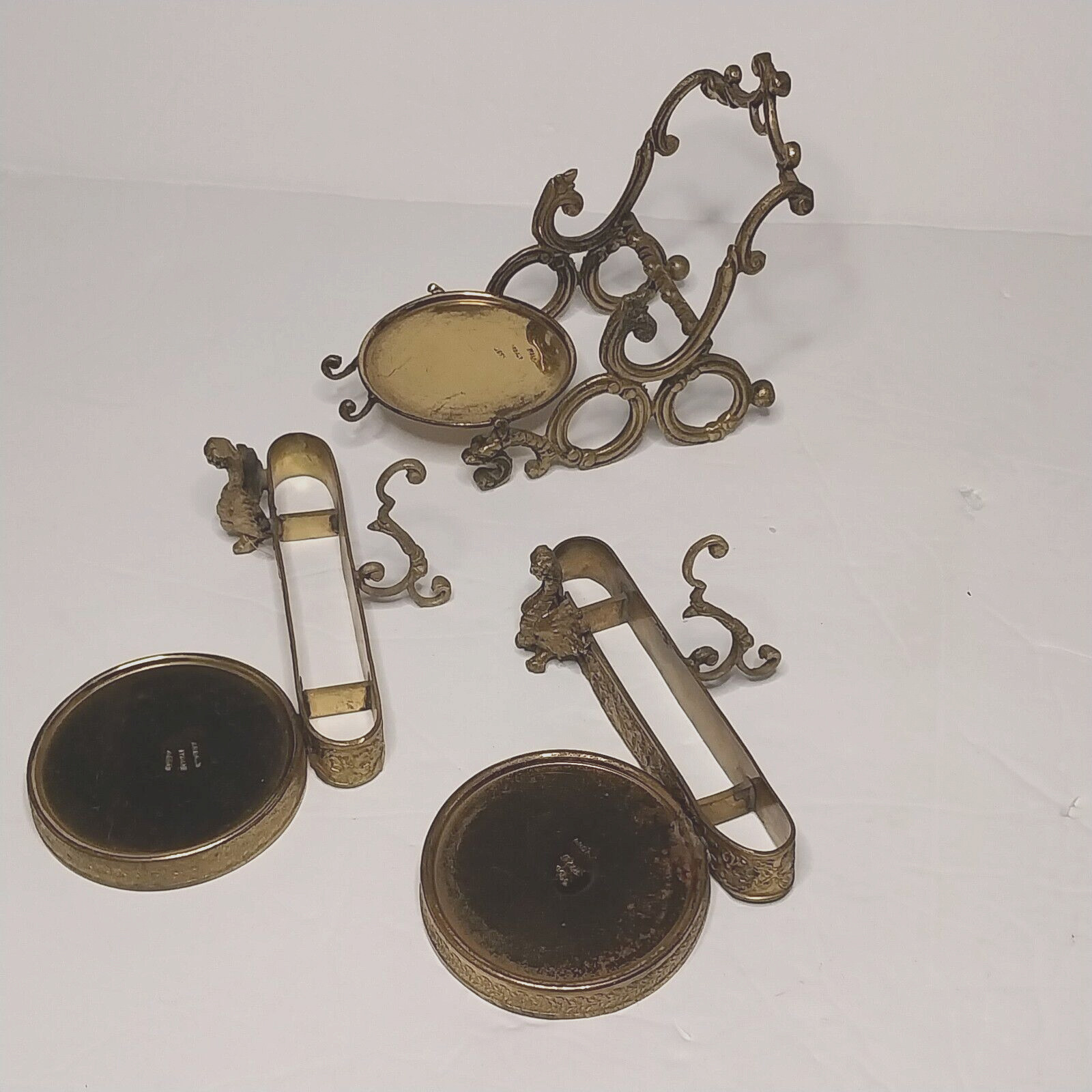 Vintage Ardal Italy 4656 Bronze Dragon Tea Cup Saucer Plate Holder Display 3 SET