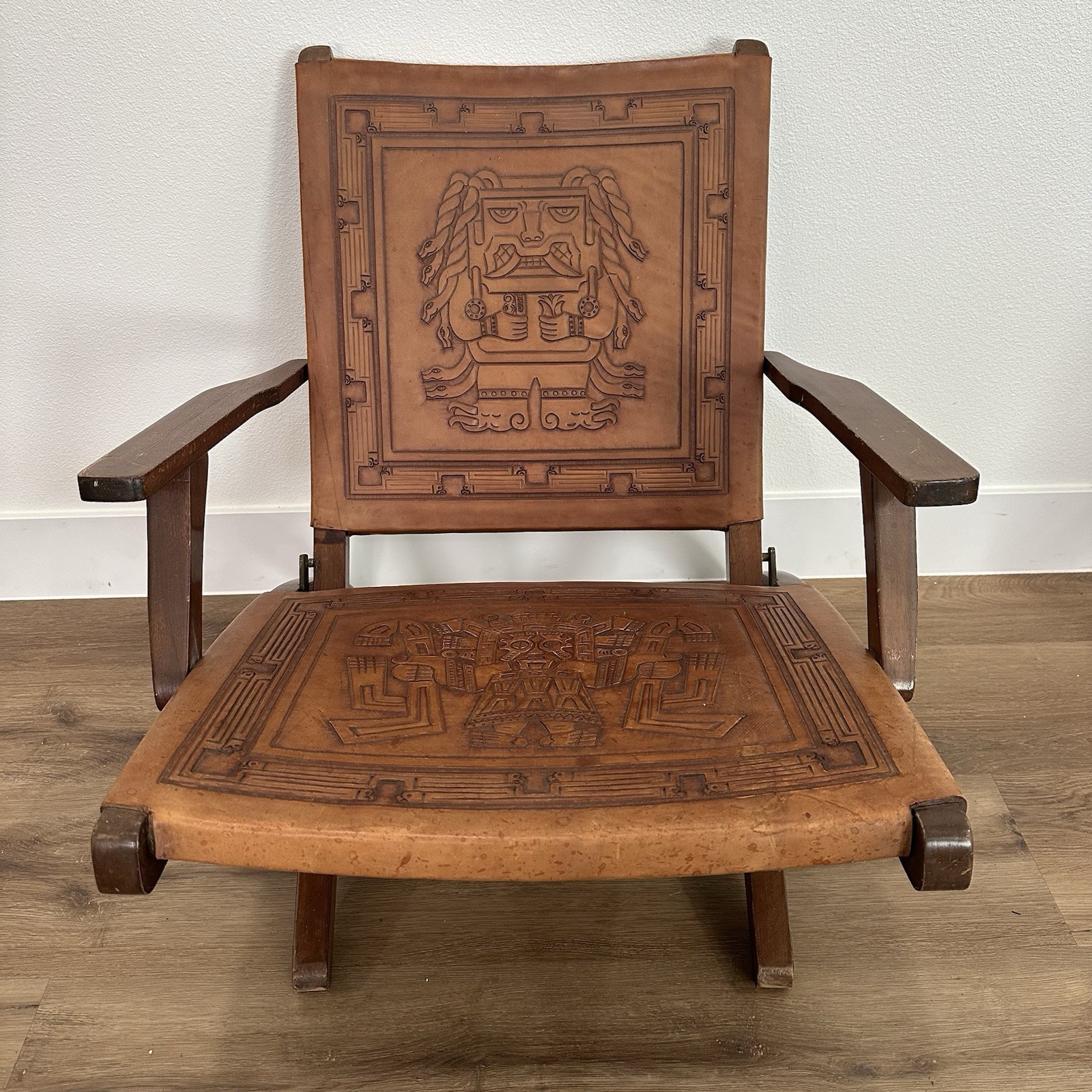 Vintage 60’s/70’s Ecuadorian Embossed Leather & Wood Folding Chair Low Seat