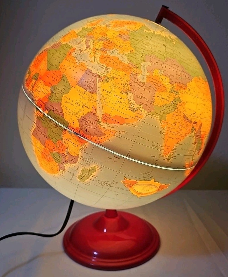 George F Cram The Classica Illuminated 12″ Globe Vintage W/ Red Metal Stand EUC
