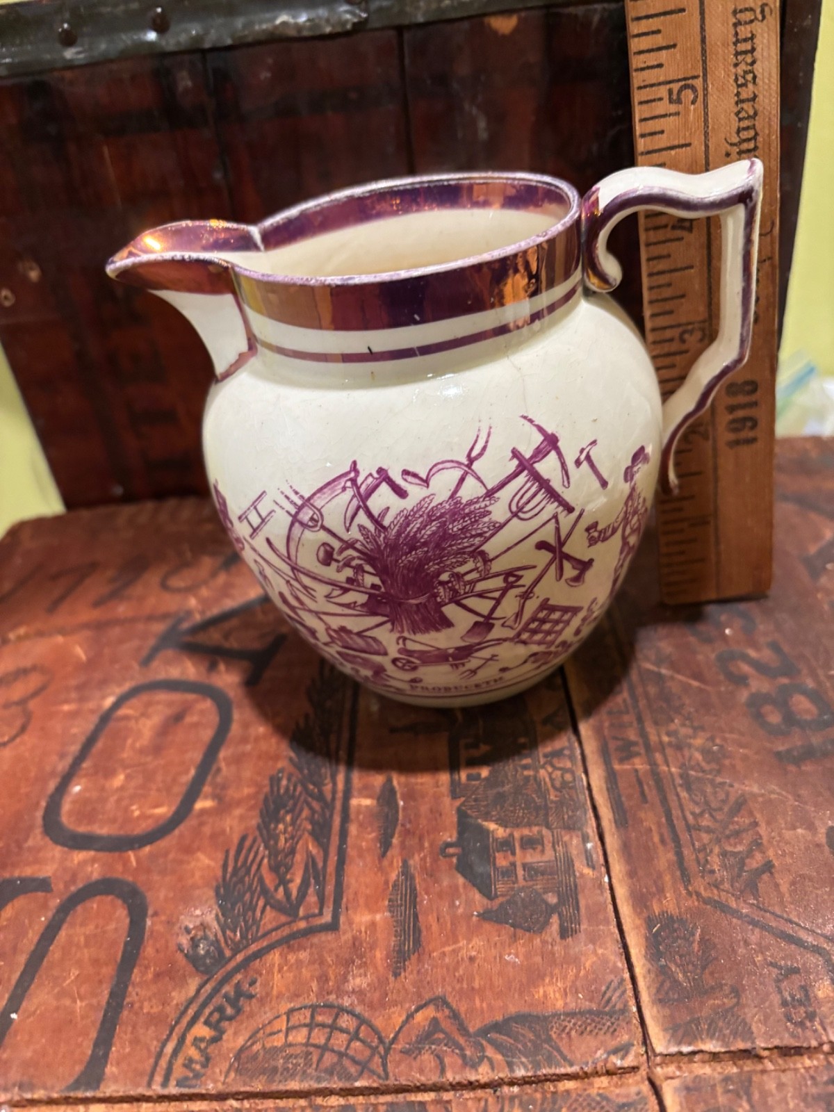 1820s Sunderland Farmer’s Arms luster Liverpool motto jug pitcher 4.5”