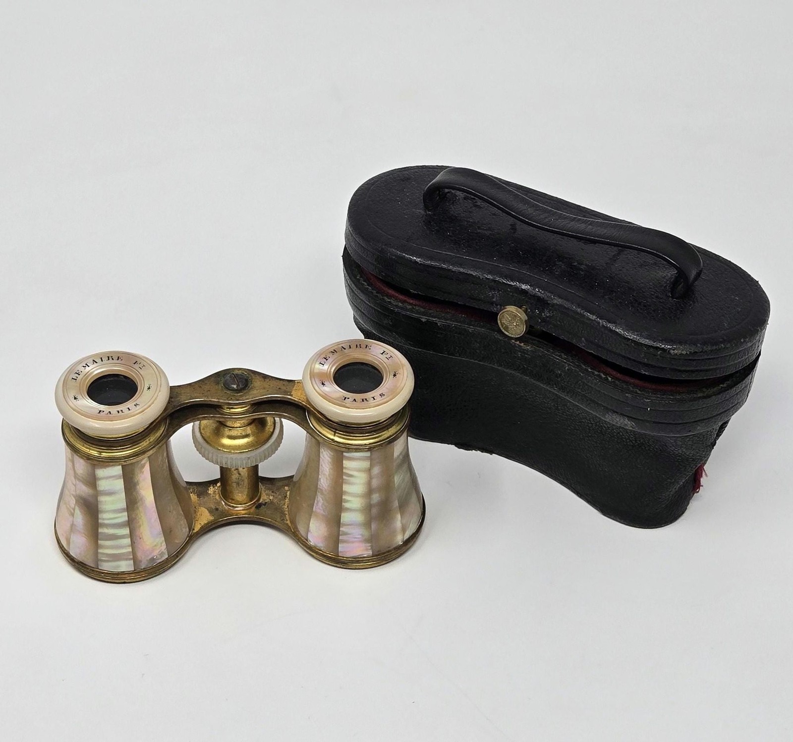 Antique Lemaire Opera Glasses Mother of Pearl, French Brass Binoculars with Case
