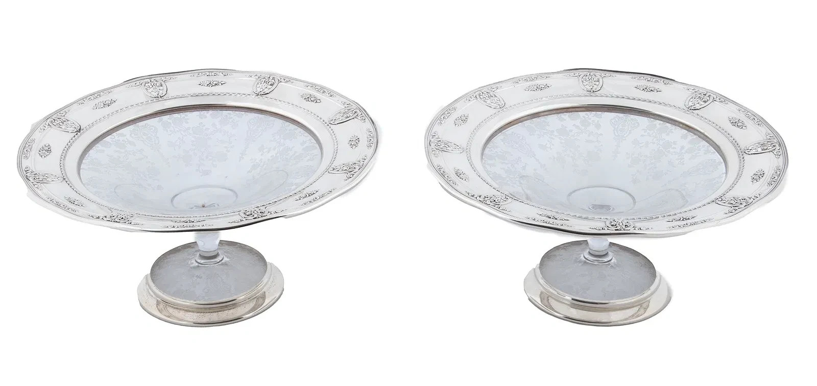 ANTIQUE 1 PAIR WALLACE SILVERSMITHS STERLING SILVER FOSTORIA CRYSTAL COMPOTES