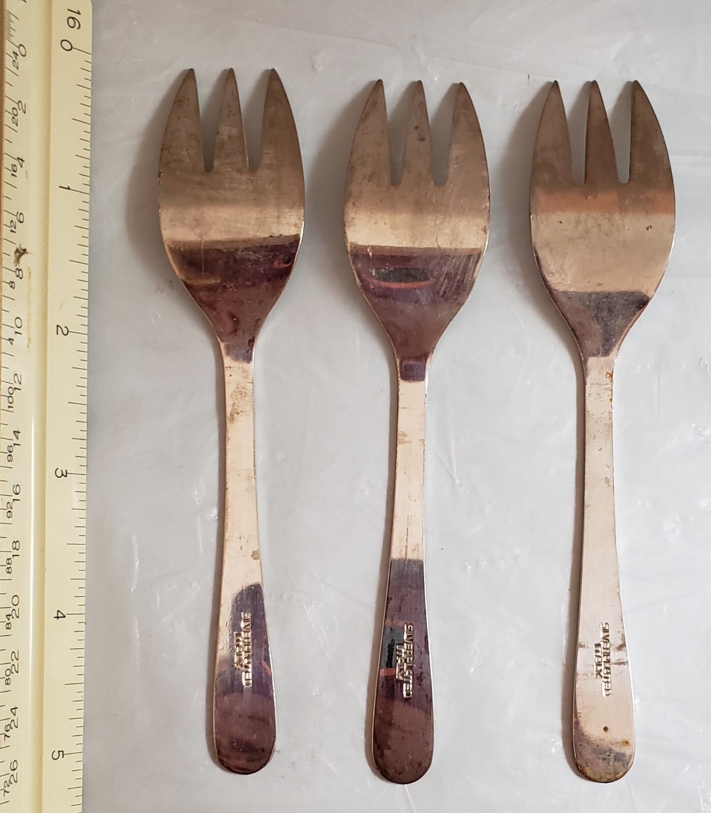 Silver Plated Buffet Serving Forks (3) 3 Prongs 5″ Long No Pattern Made in Italy