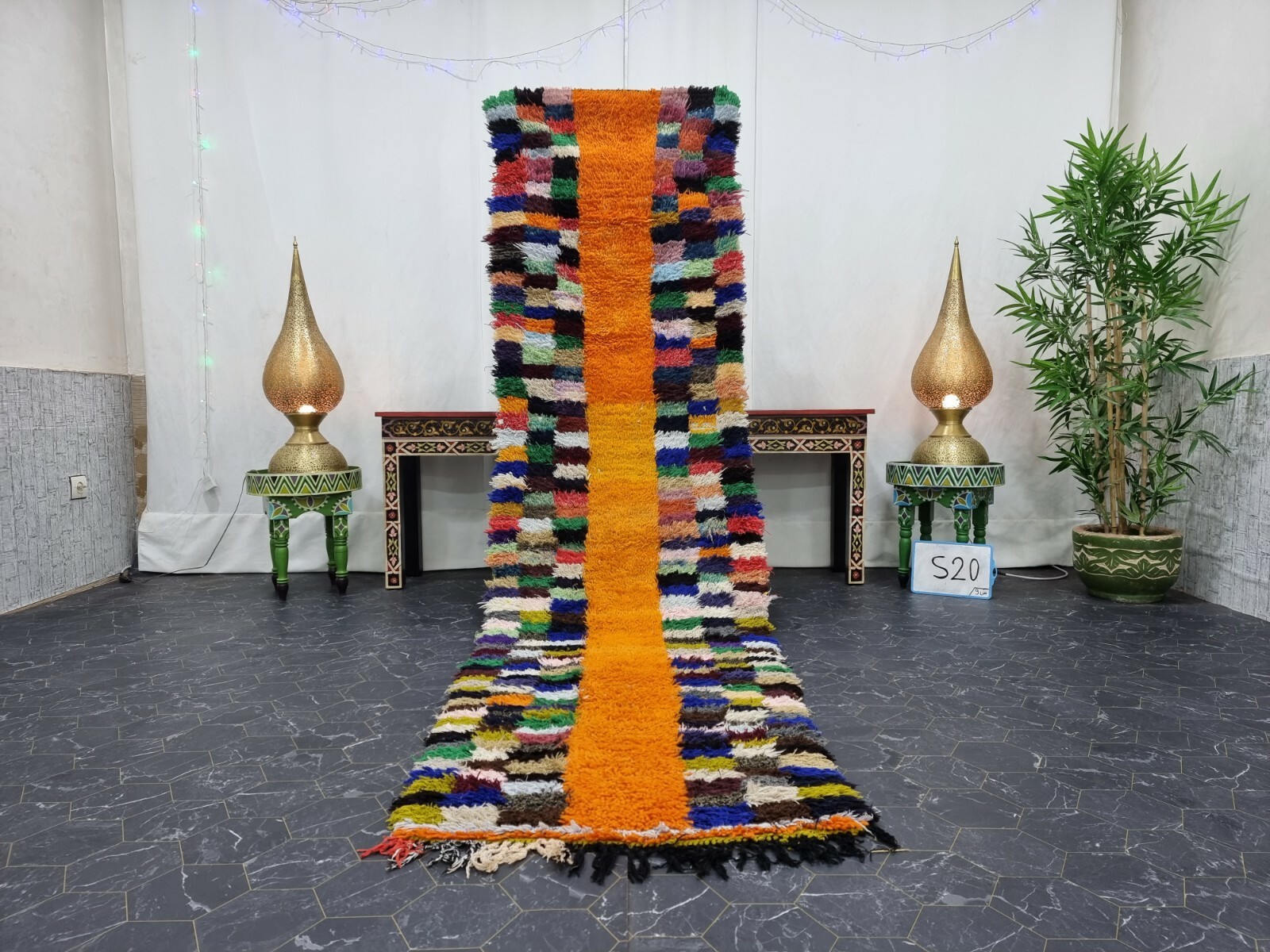 Moroccan Handmade Vintage Rug 2’6″x9’7″ Berber Checkered Orange Blue Carpet
