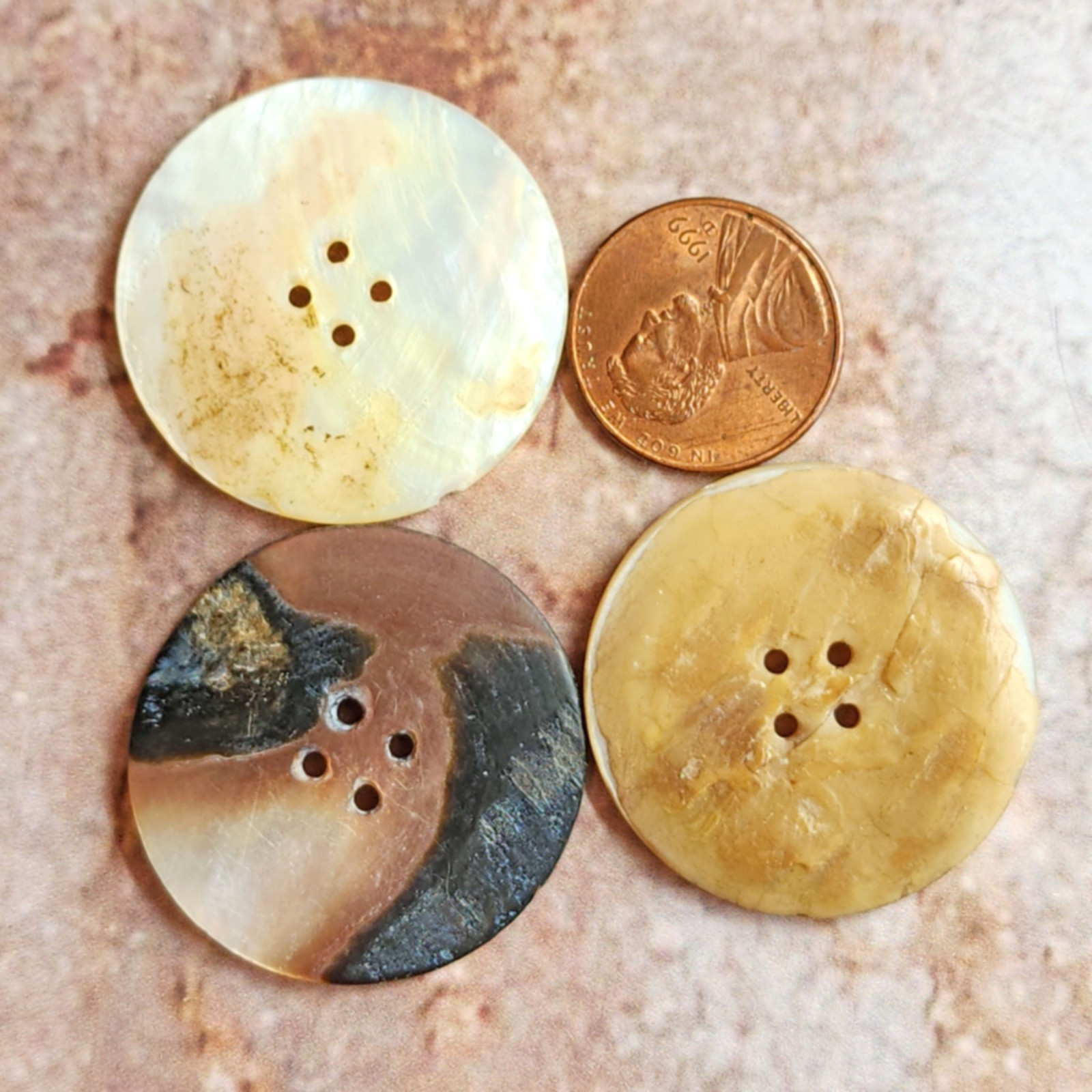 3 Antique Pearl Shell Buttons w/ Different Carved Designs ~ just over 1-3/16″