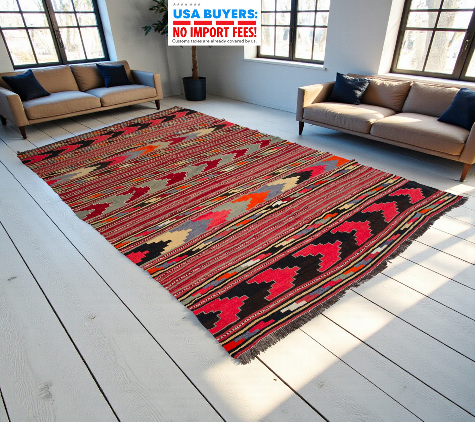 Oversize Vintage Turkish Rug Kilim Handmade Wool Large Area Rug, 7.3 x 12.8 ft