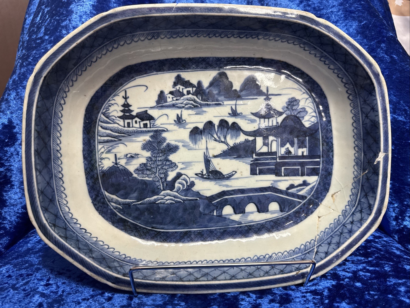 Antique Chinese Export Porcelain Blue Canton Landscape Serving Platter 12 1/4″