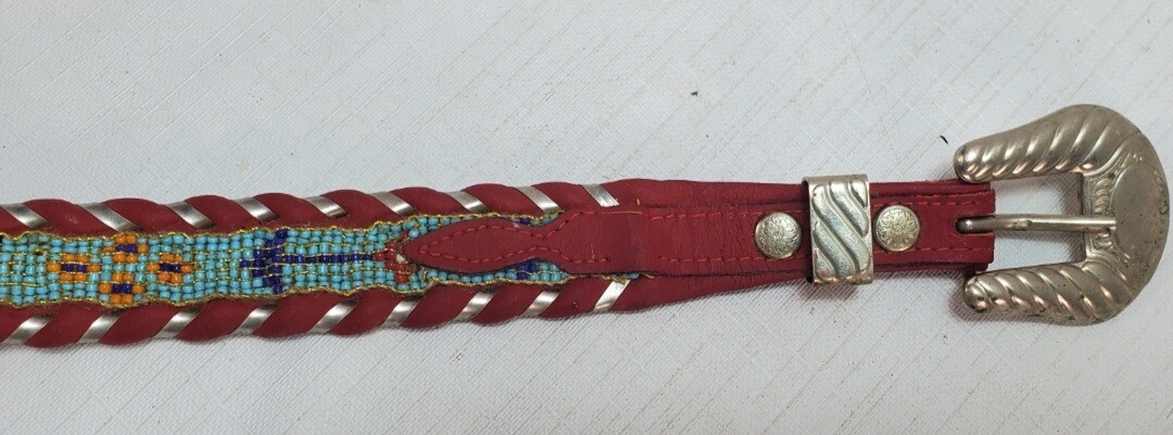 34+” Native American Beaded Red Leather Belt AL BERES Wages German Silver Buckle
