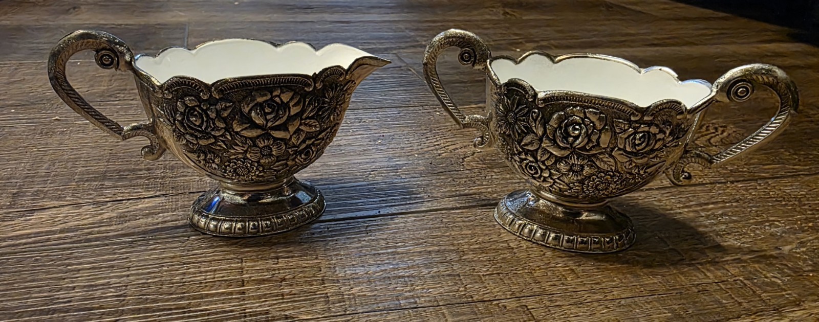 Vintage Floral Rose Silverplate Cream and Sugar Dishes White Enamel Lined