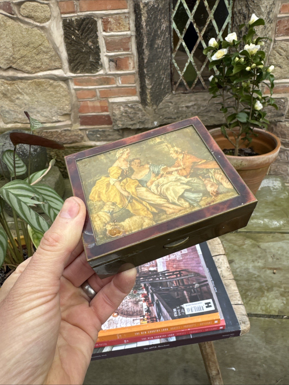 Vintage Brass Box With Antique Scene On Front Trinkets Keys Stationery Storage